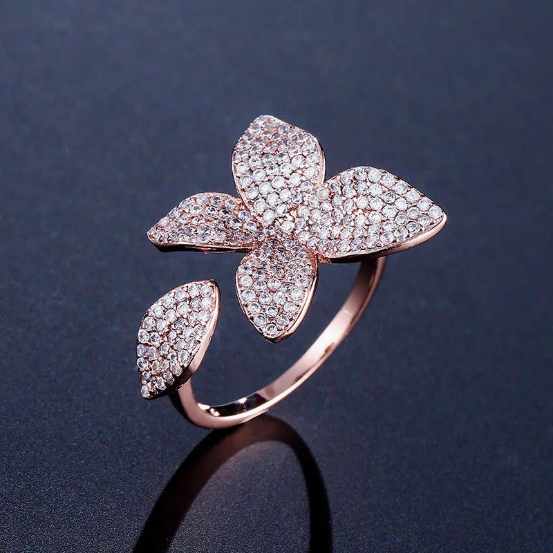 Flower Motif Open Ring In Cubic Zirconia Crystals