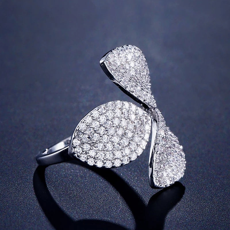 Leaf Design Open Ring in Cubic Zirconia Accent