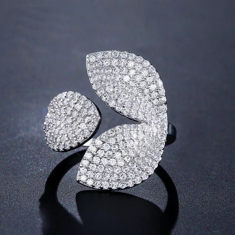 Leaf Design Open Ring in Cubic Zirconia Accent