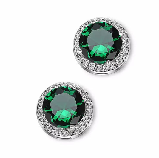 Halo Stud Earrings in Green Round Cut Cubic Zirconia