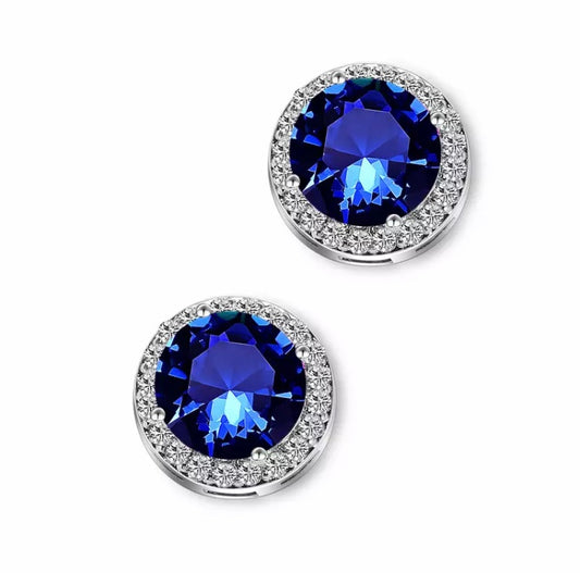 Halo Stud Earrings in Blue Round Cut Cubic Zirconia