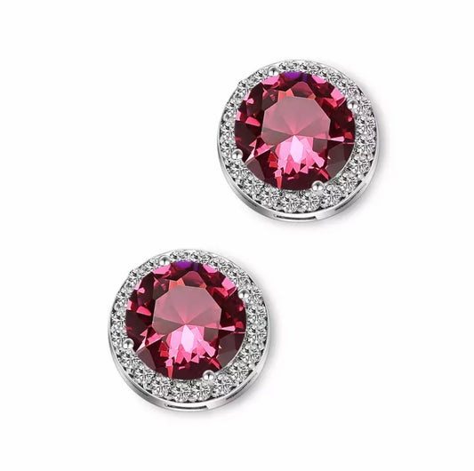 Halo Stud Earrings in Red Round Cut Cubic Zirconia