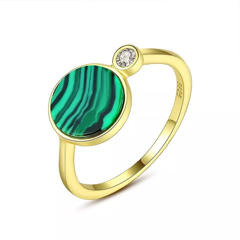 14K Gold Malachite Gemstone Ring in 925 Sterling Silver