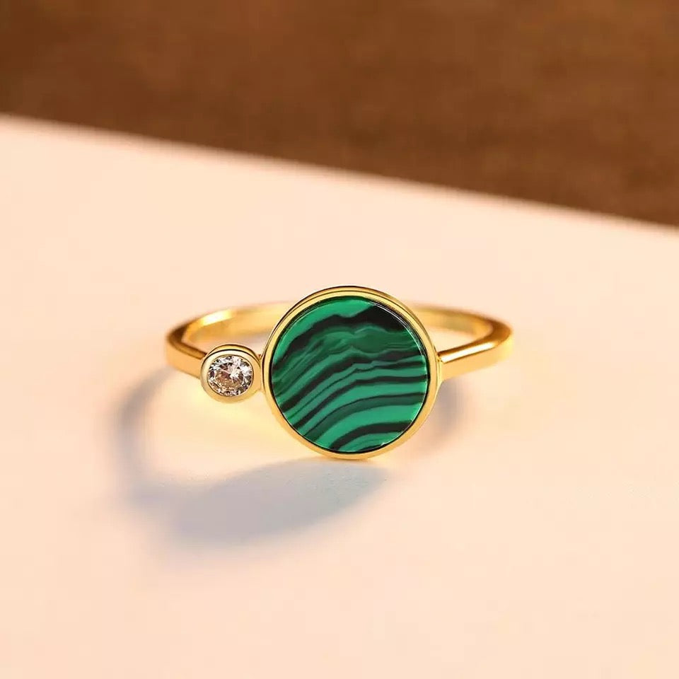 14K Gold Malachite Gemstone Ring in 925 Sterling Silver