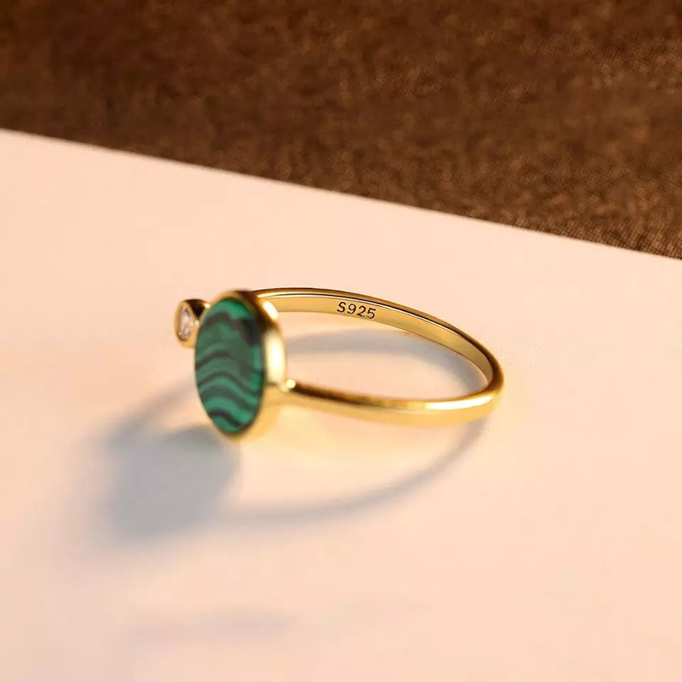 14K Gold Malachite Gemstone Ring in 925 Sterling Silver