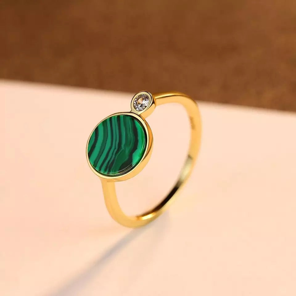 14K Gold Malachite Gemstone Ring in 925 Sterling Silver