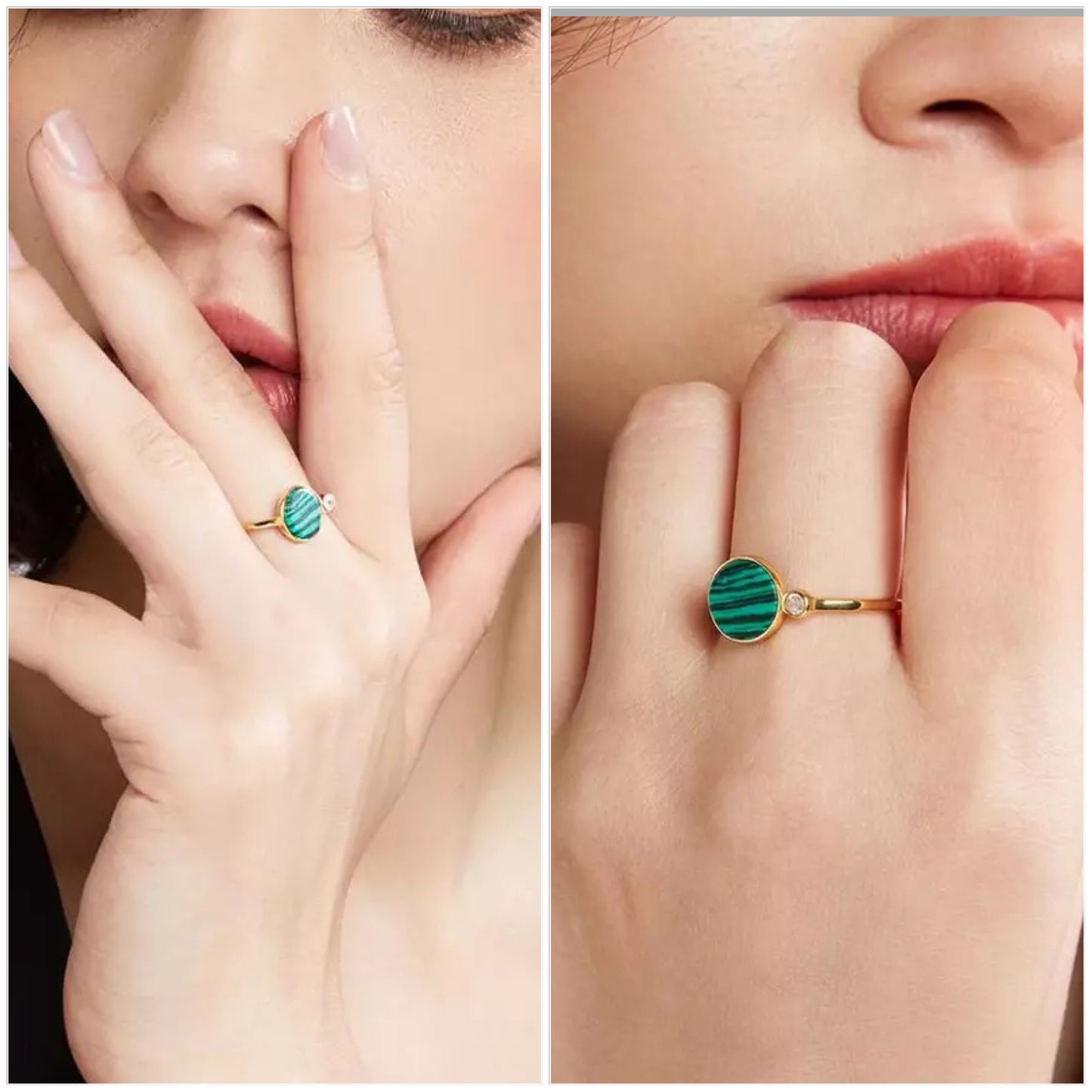 14K Gold Malachite Gemstone Ring in 925 Sterling Silver