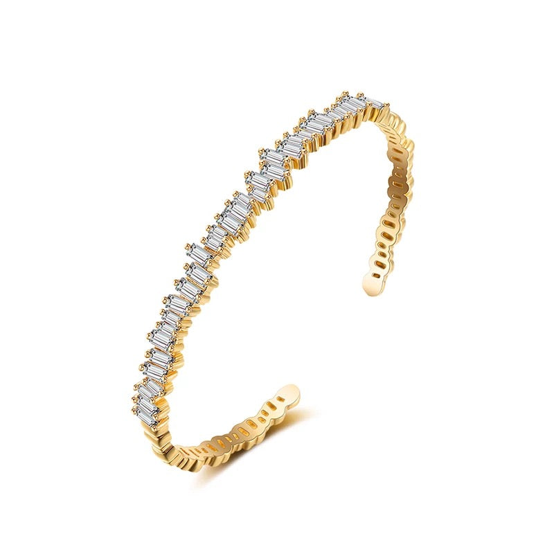 Asymmetrical Baguette Cubic Zirconia Bangle in 14K Gold Stacking Bracelet