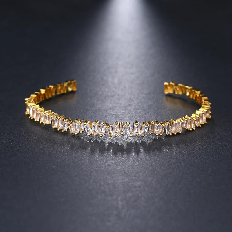 Asymmetrical Baguette Cubic Zirconia Bangle in 14K Gold Stacking Bracelet