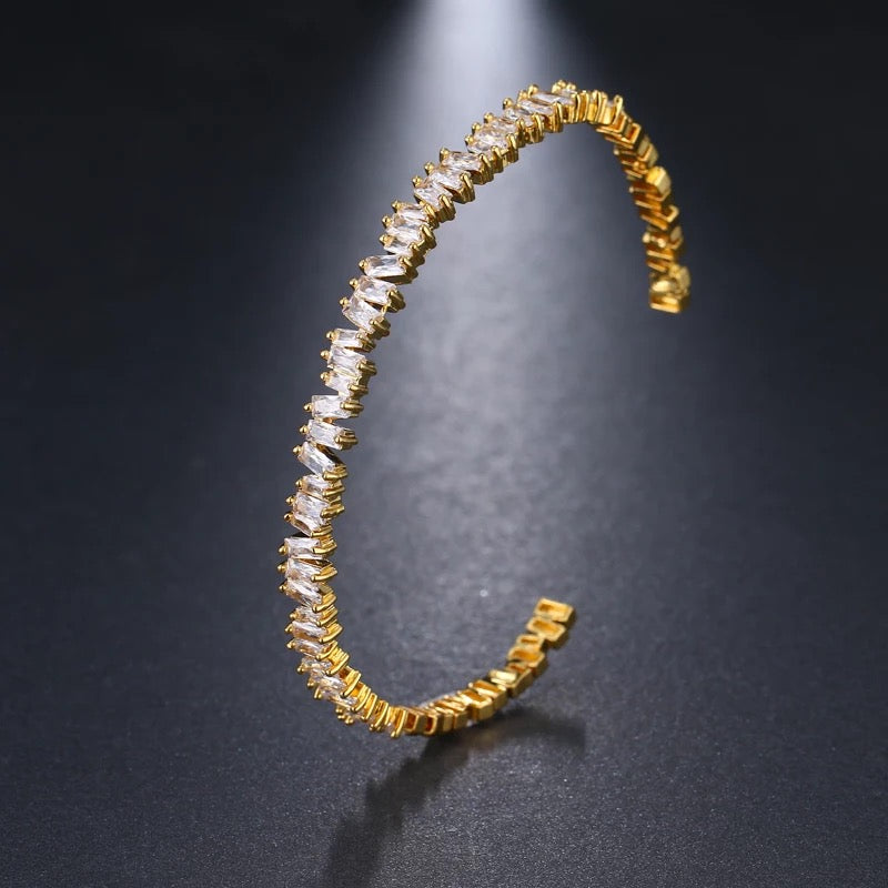 Asymmetrical Baguette Cubic Zirconia Bangle in 14K Gold Stacking Bracelet