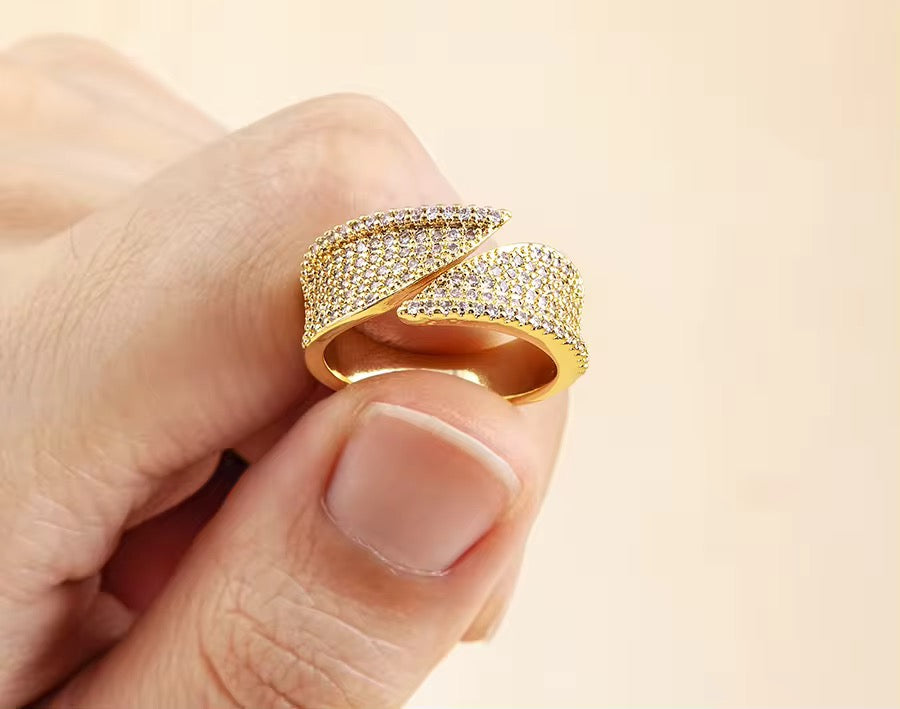 Bypass Cuff Ring in Cubic Zirconia Pave and 14k Gold