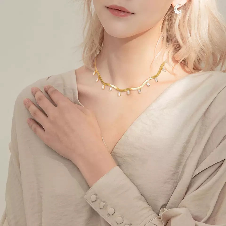 Herringbone Chain Necklace with Baguette-Cut CZ Accents