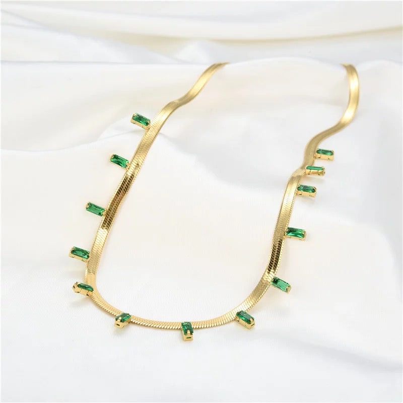 Herringbone Chain Necklace with Baguette-Cut CZ Accents