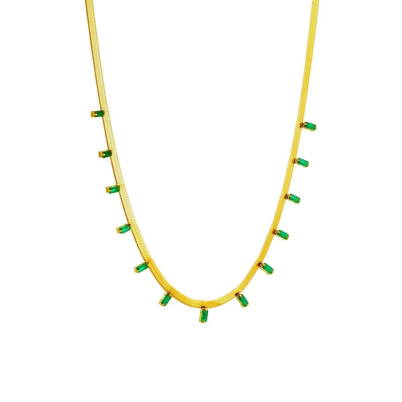 Herringbone Chain Necklace with Baguette-Cut CZ Accents