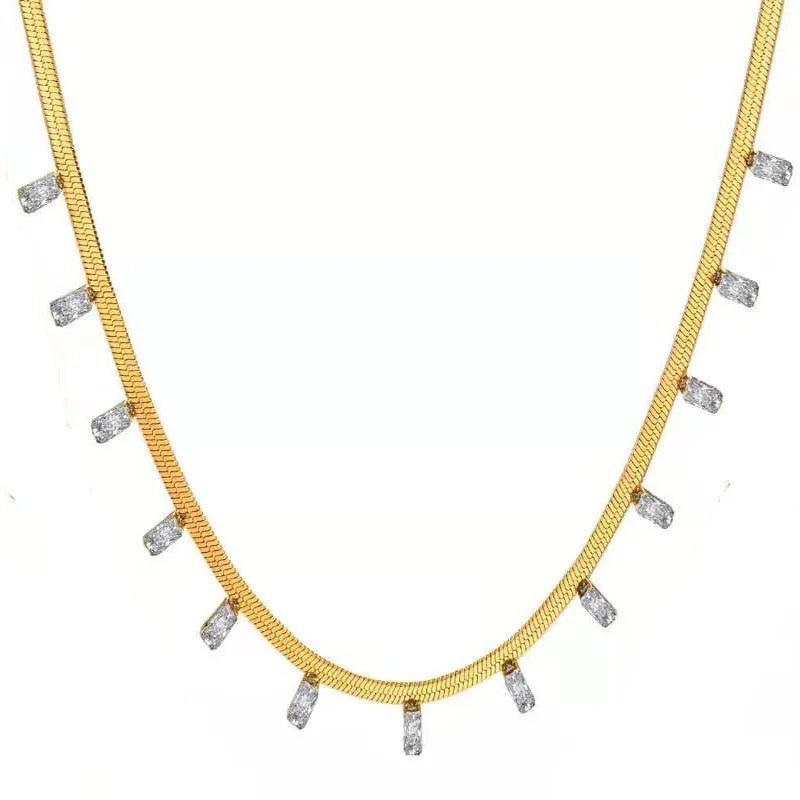 Herringbone Chain Necklace with Baguette-Cut CZ Accents