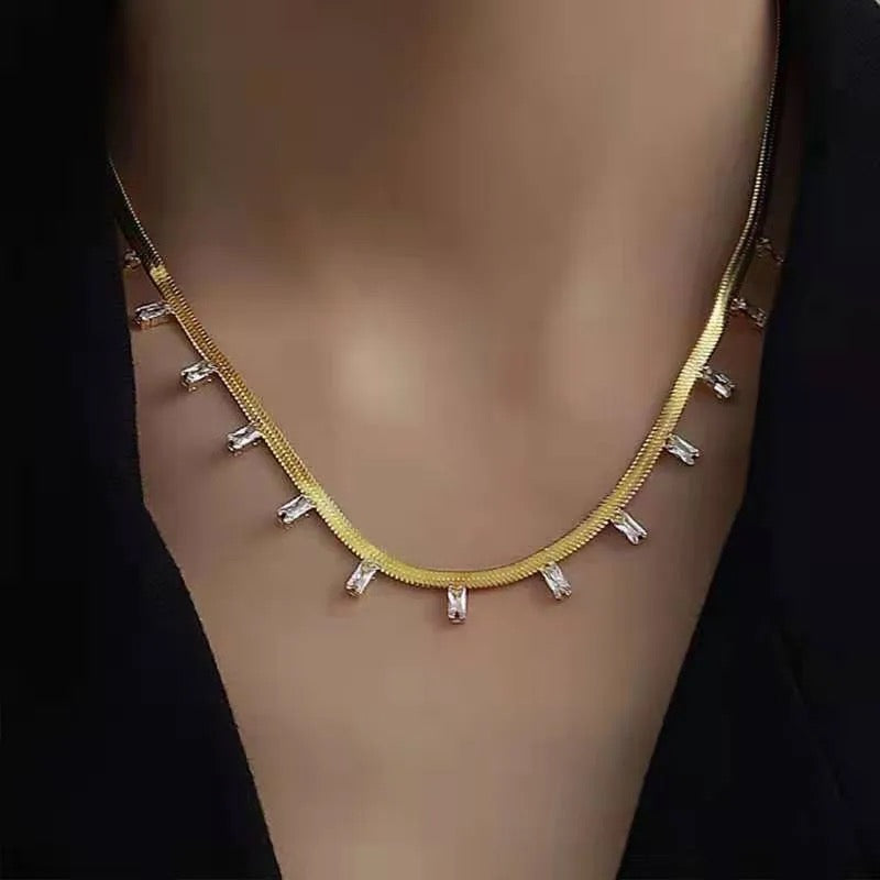 Snake Chain Necklace Choker with Baguette Cut Cubic Zirconia in 18k Gold Plating