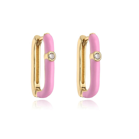 Pink Enamel Oval Huggie Hoop Earrings with CZ Accent