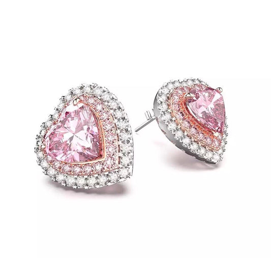 Heart Stud Earrings in Pink Halo Cubic Zirconia