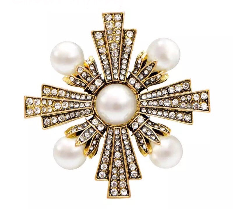 Maltese Cross Brooch in Pearl and Crystal Accents