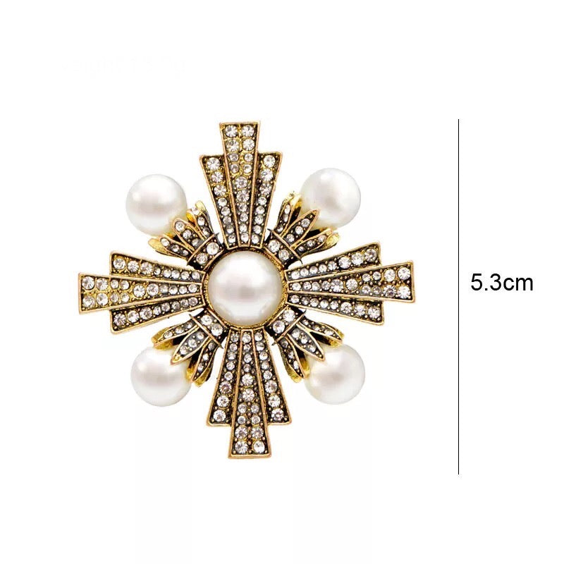 Maltese Cross Brooch in Pearl and Crystal Accents