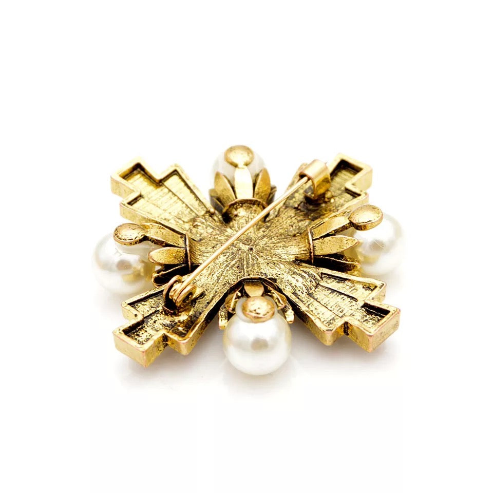 Maltese Cross Brooch in Pearl and Crystal Accents