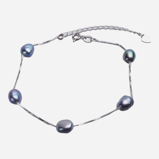 Black Freshwater Pearl Station Bracelet in 925 Sterling Silver