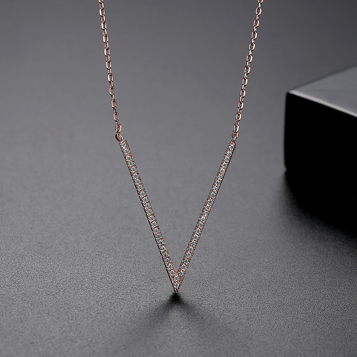 V Shaped Necklace with Cubic Zirconia Accent and 14K Gold Plating