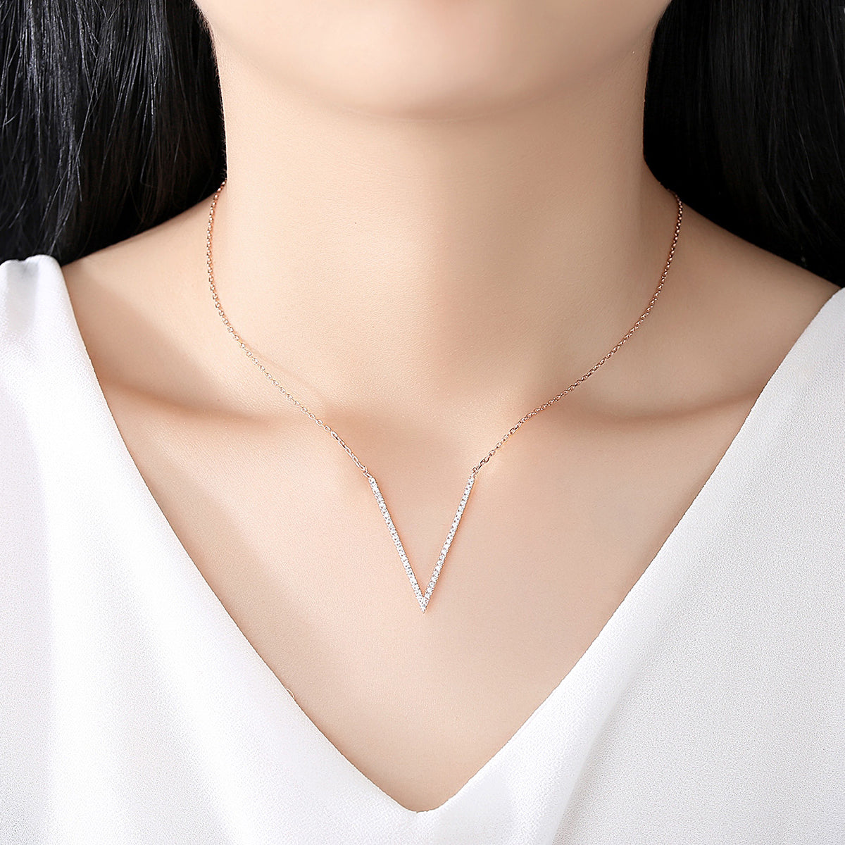 V Shaped Necklace with Cubic Zirconia Accent and 14K Gold Plating