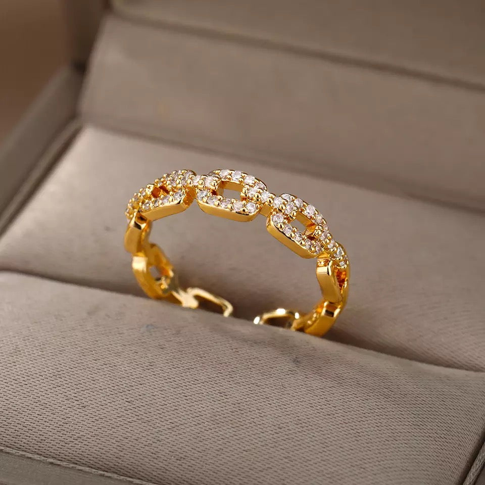 Chain Link Stackable Ring with CZ Accent 14K Gold Plated