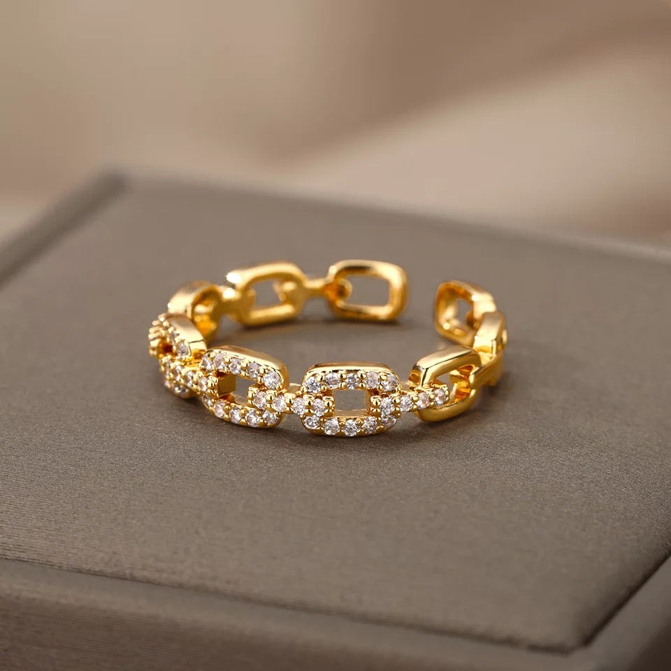 Chain Link Stackable Ring with CZ Accent 14K Gold Plated