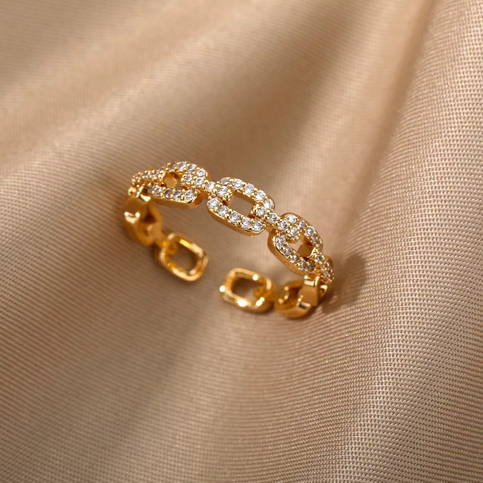 Chain Link Stackable Ring with CZ Accent 14K Gold Plated