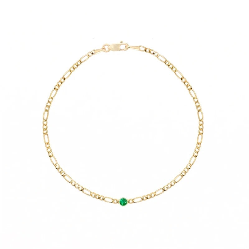 14k Gold Filled Figaro Chain Bracelet with Green CZ Accent