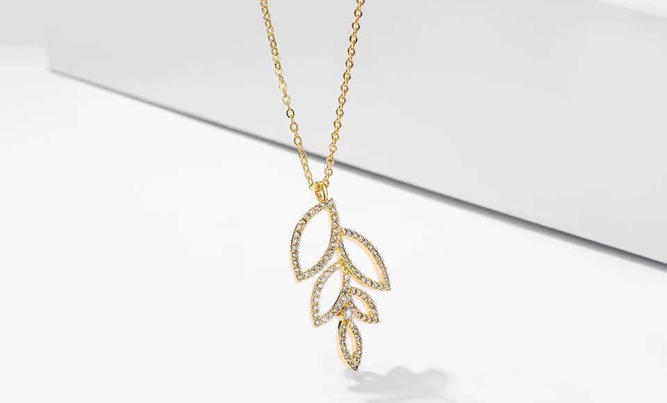 14K Gold Plated Cutout Leaf Pendant Necklace with CZ Accent