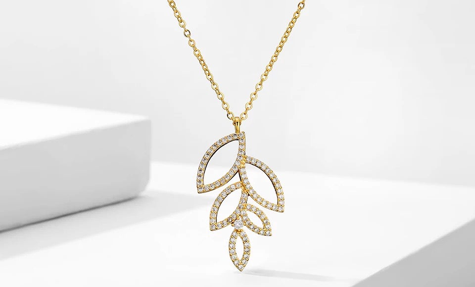 14K Gold Plated Cutout Leaf Pendant Necklace with CZ Accent