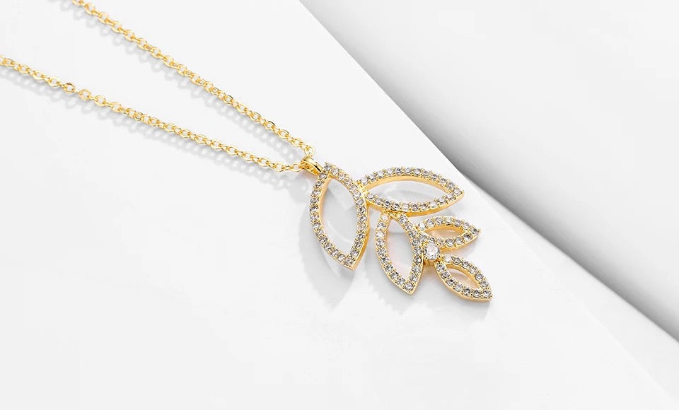 14K Gold Plated Cutout Leaf Pendant Necklace with CZ Accent