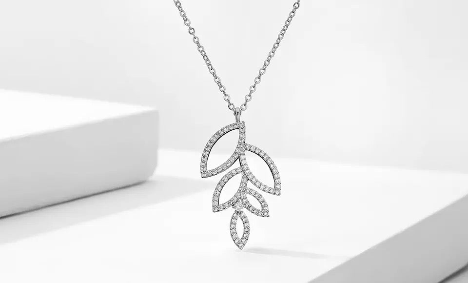 Cutout Leaf Pendant Necklace in CZ Accent and Platinum Plating