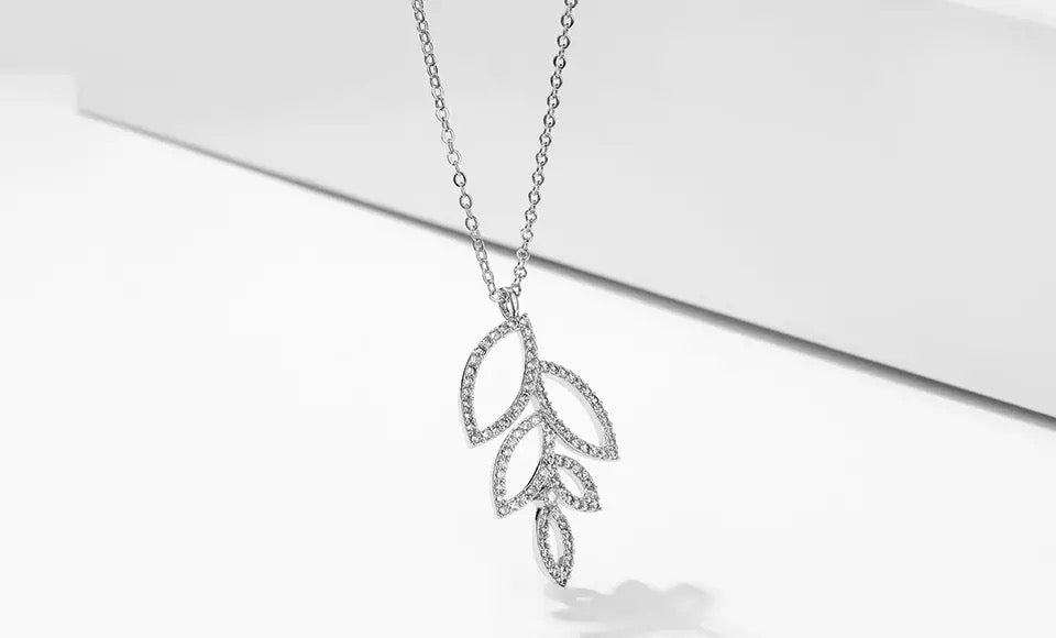 Cutout Leaf Pendant Necklace in CZ Accent and Platinum Plating