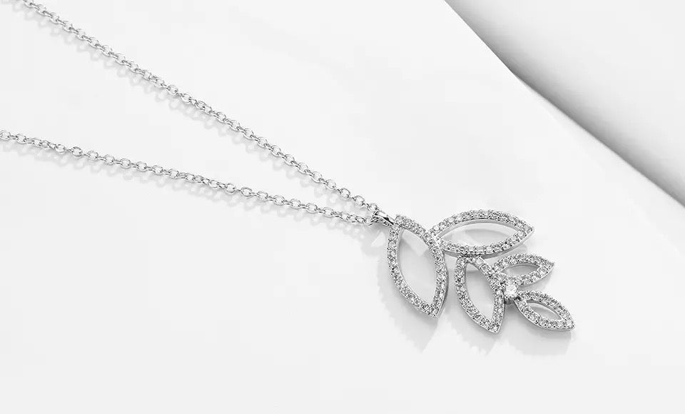 Cutout Leaf Pendant Necklace in CZ Accent and Platinum Plating