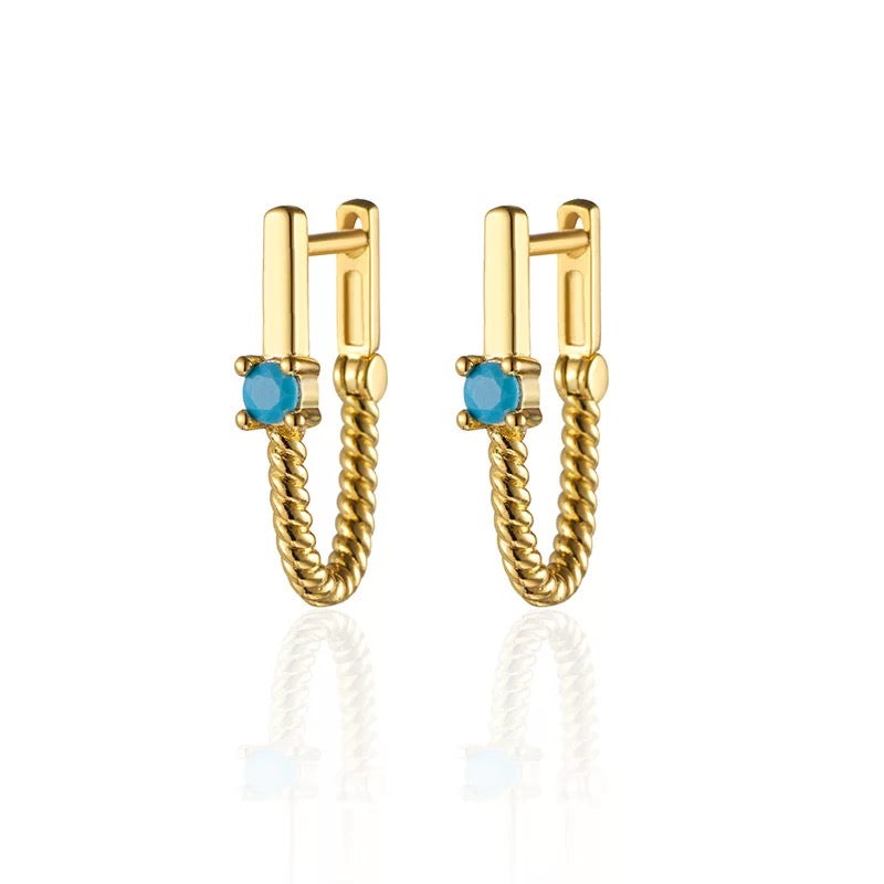 14K Cabel Edge Oval Huggie Hoop Earrings with Turquoise Accent