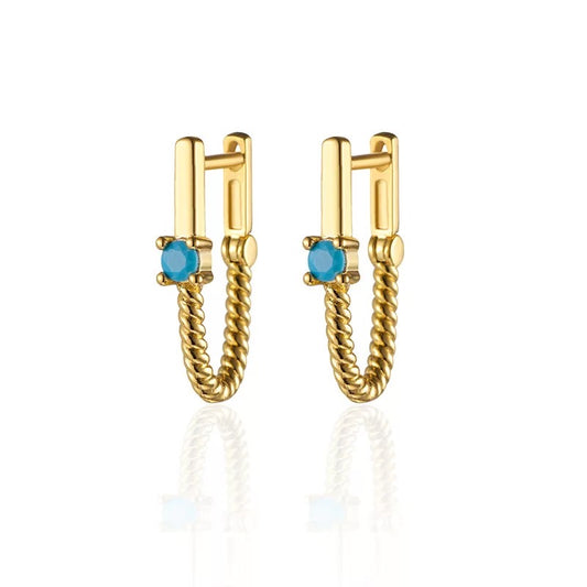 14K Cabel Edge Oval Huggie Hoop Earrings with Turquoise Accent