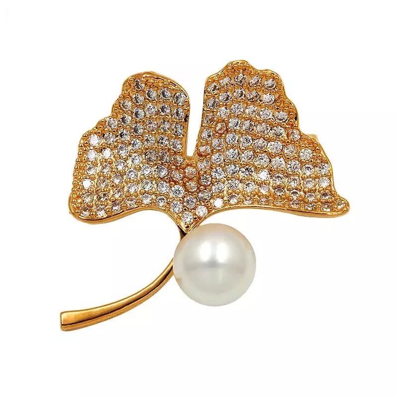 Ginkgo Leaf Pin Brooch with Clear Cubic Zirconia and Pearl Accents