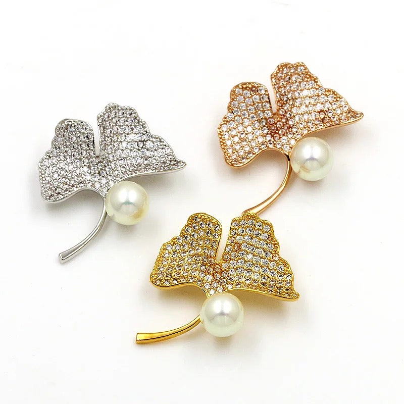 Ginkgo Leaf Pin Brooch with Clear Cubic Zirconia and Pearl Accents