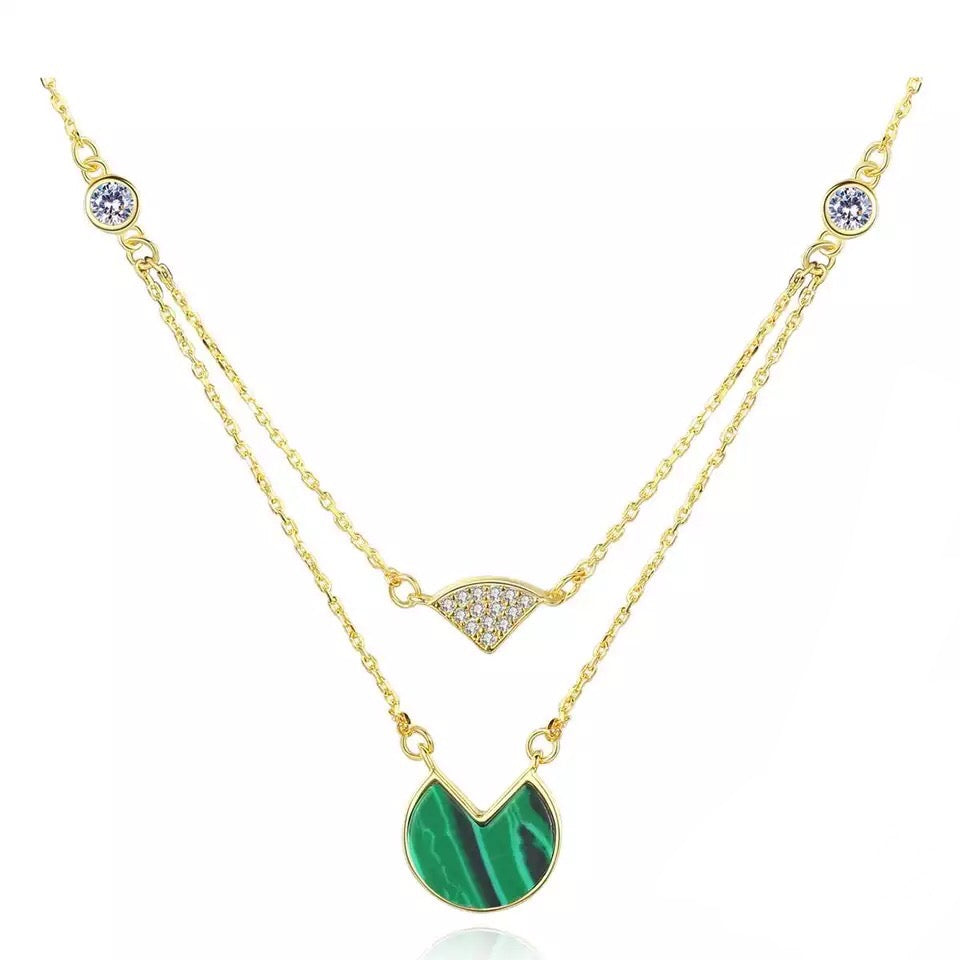 Malachite Layered Necklace with Cubic Zirconia Accent and 14k Gold Plating