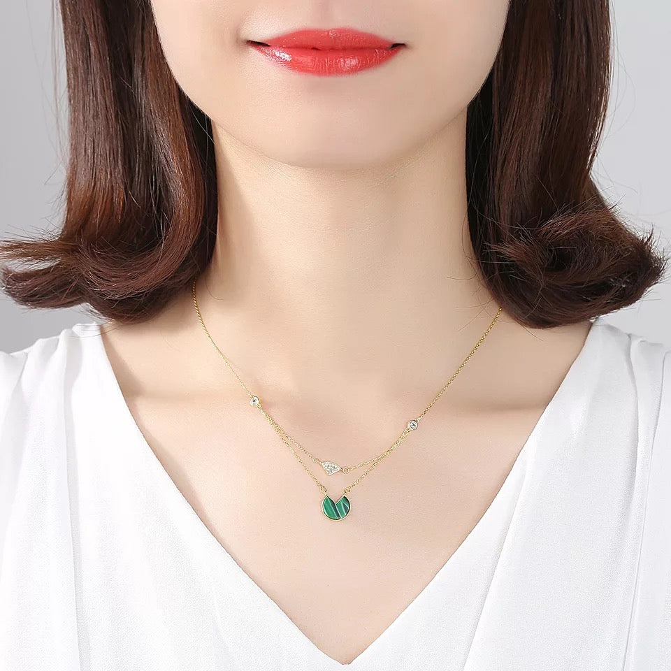 Malachite Layered Necklace with Cubic Zirconia Accent and 14k Gold Plating