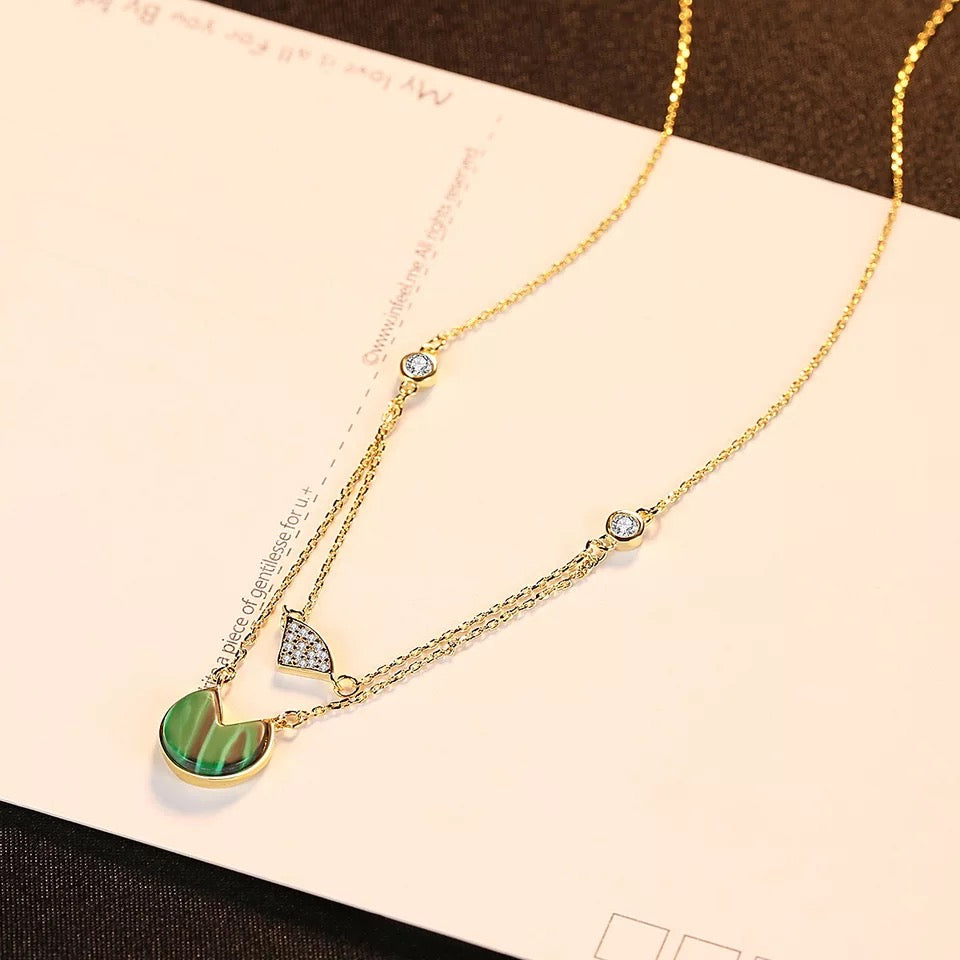 Malachite Layered Necklace with Cubic Zirconia Accent and 14k Gold Plating