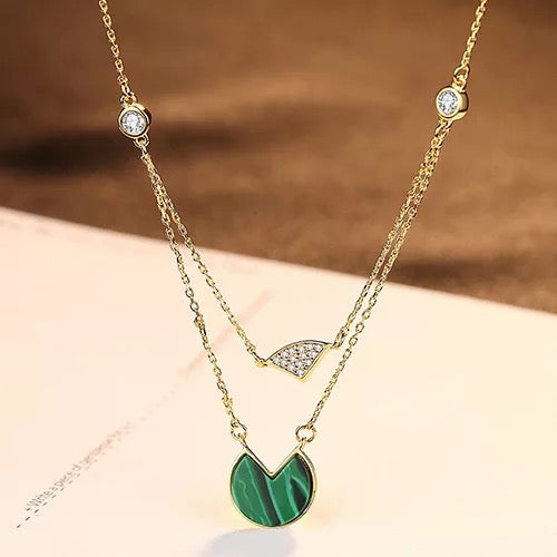 Malachite Layered Necklace with Cubic Zirconia Accent and 14k Gold Plating