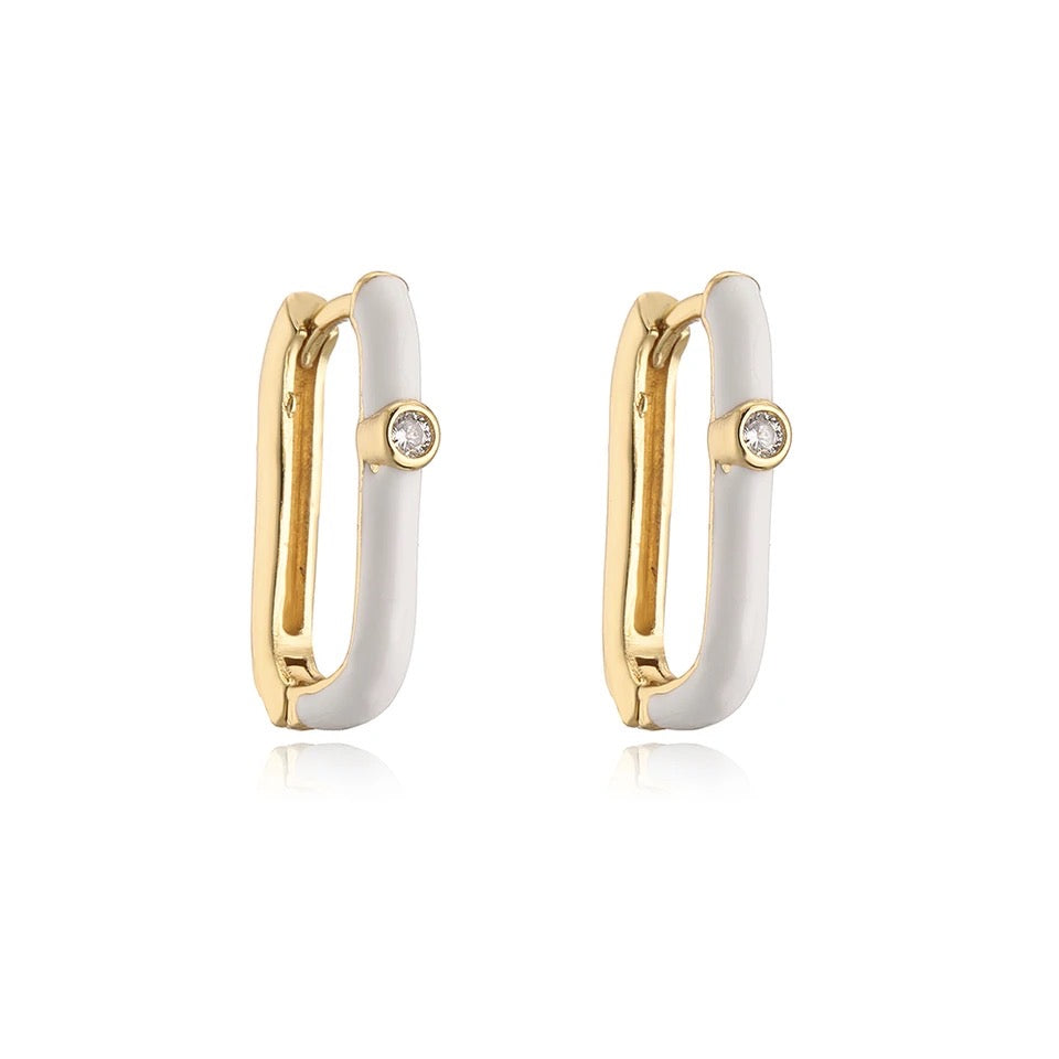 White Enamel Oval Huggie Hoop Earrings with CZ Accent