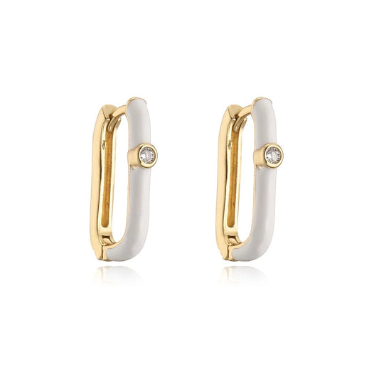 White Enamel Oval Huggie Hoop Earrings with CZ Accent