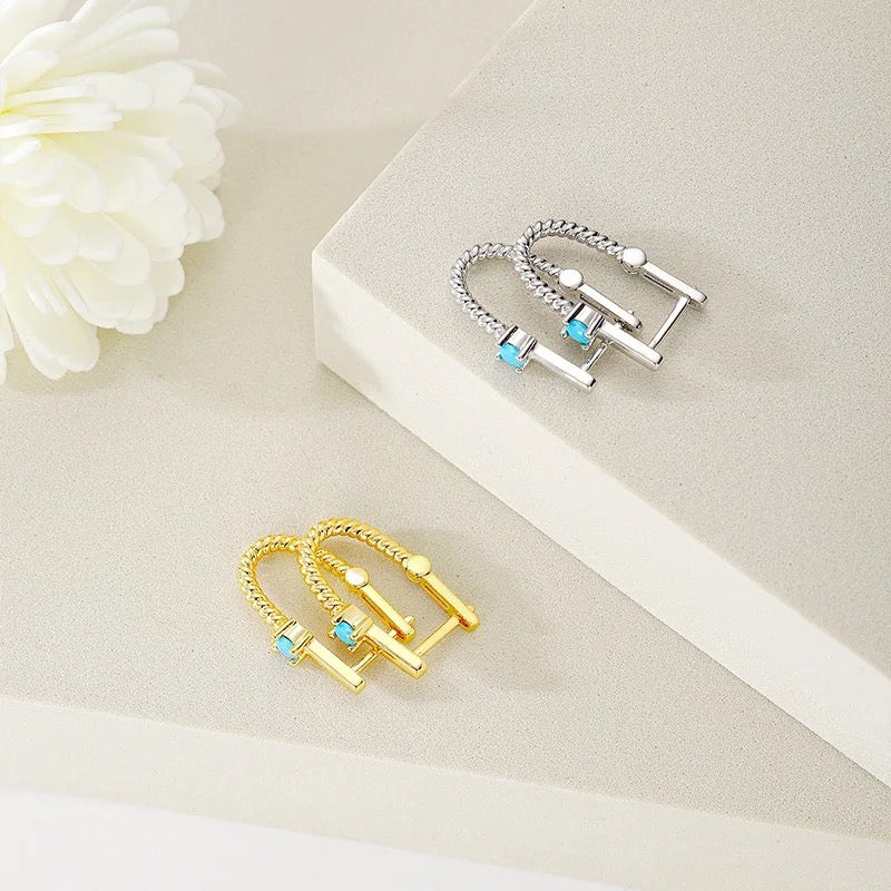 14K Cabel Edge Oval Huggie Hoop Earrings with Turquoise Accent