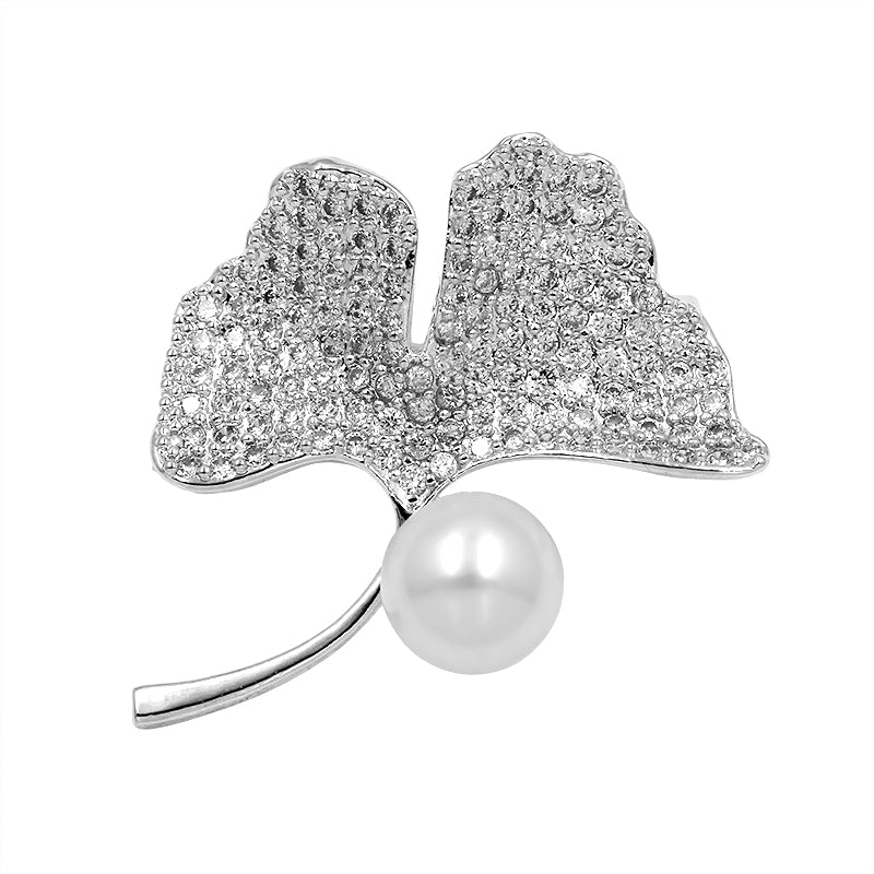 Ginkgo Leaf Pin Brooch with Clear CZ and Pearl Accents